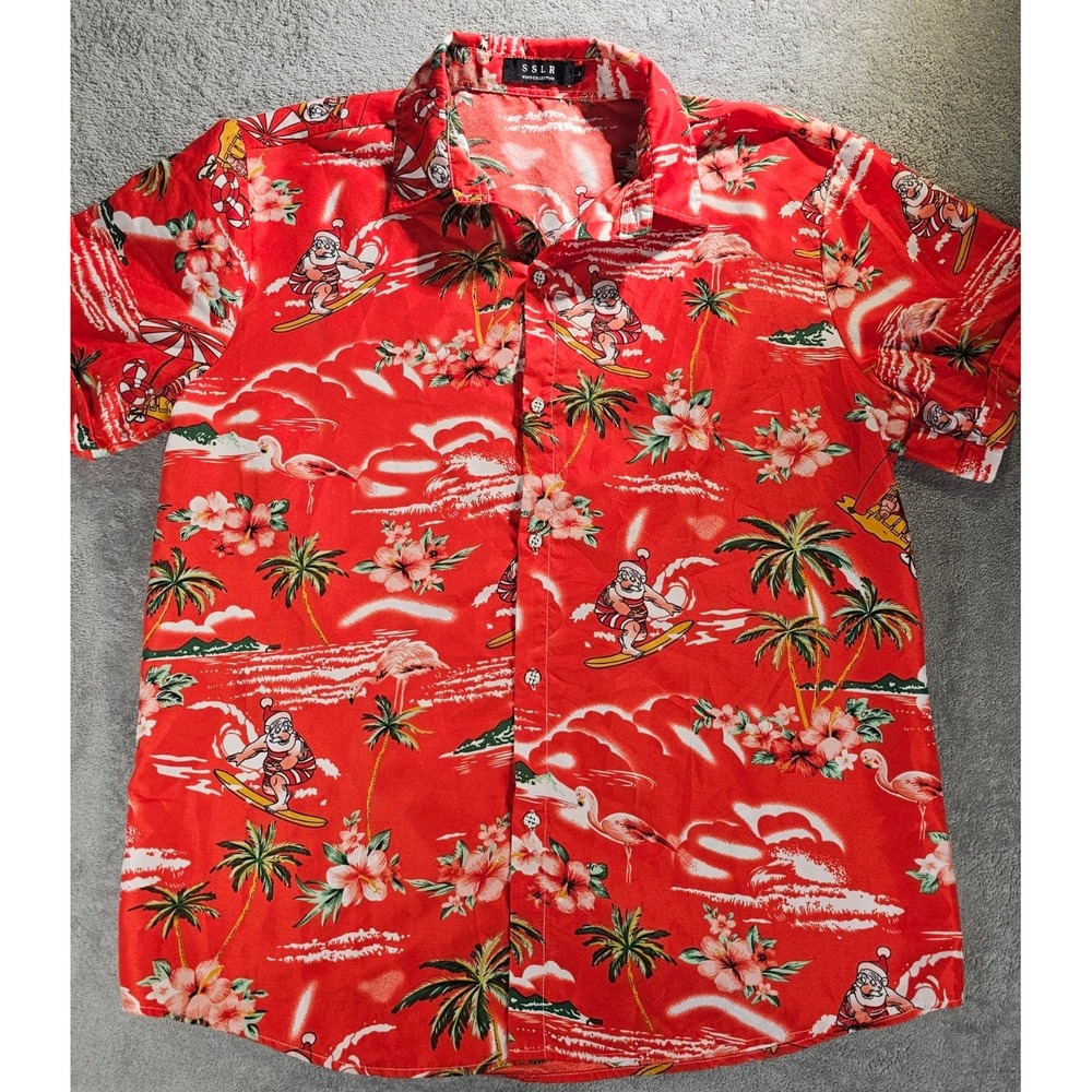 SSLR Mens Christmas Hawaiian Shirt Red Surfing Santa Flamingo Short Sleeve XL